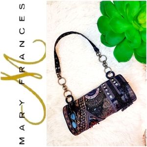 MARY FRANCES Black Beaded Leather Jeweled Handbag